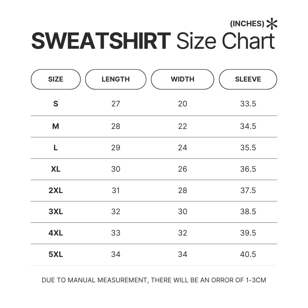 Sweatshirt Size Chart - Sword Art Online Merchansie